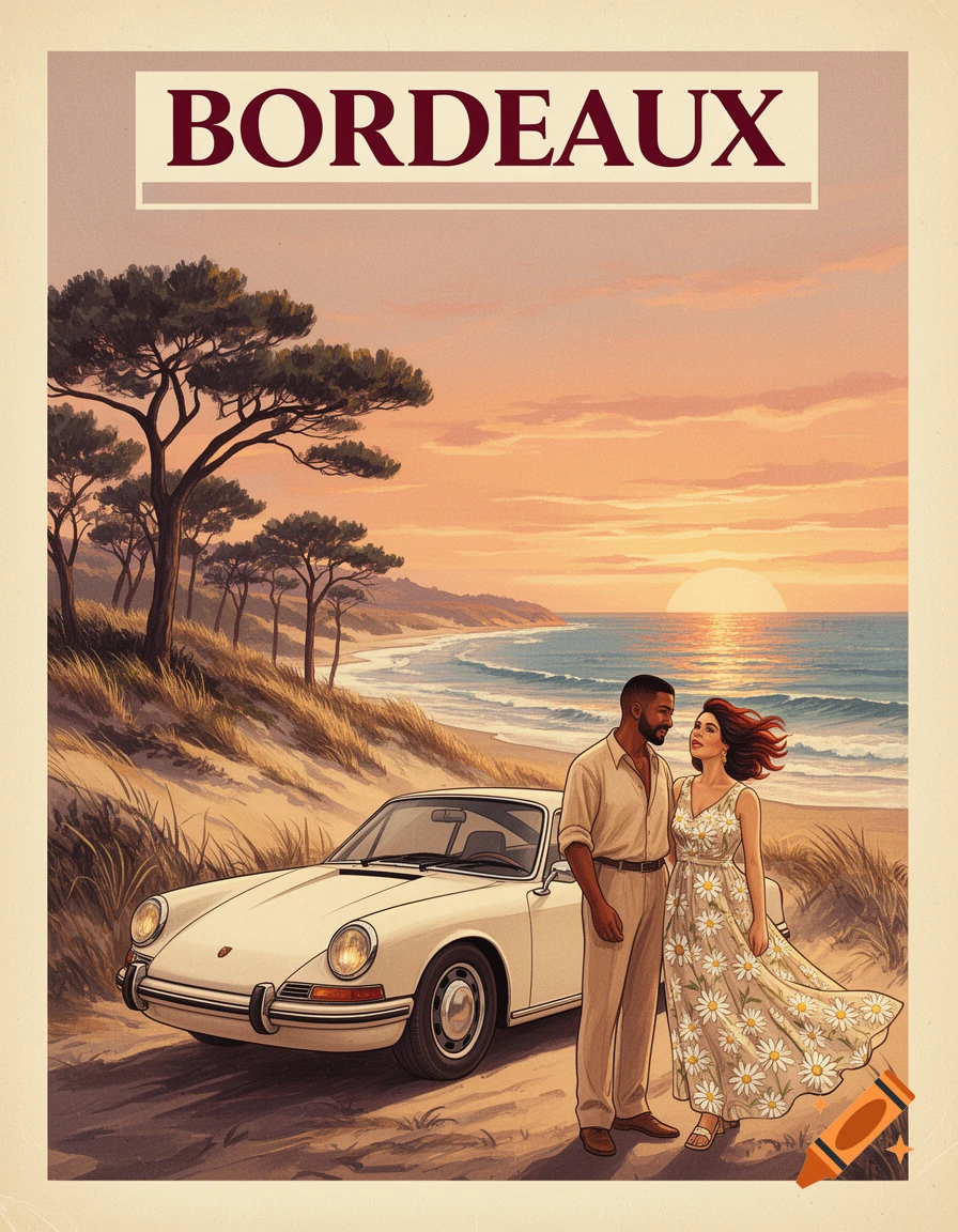 Vintage travel poster illustration of a couple beside a white Porsche 911 on a beach at sunset. Text reads 'BORDEAUX'.
