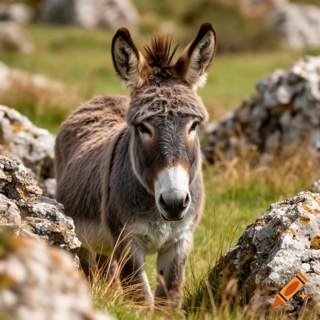 A grey and brown donkey with a white muzzle stands facing forward in a grassy, rocky field.