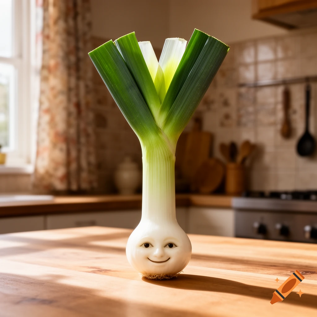 A photorealistic leek with a smiling face stands on a wooden kitchen counter.