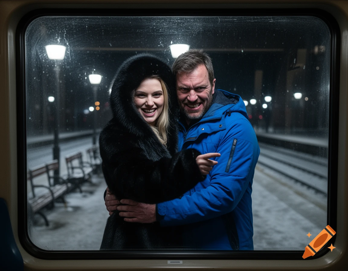 A smiling couple embraces outside in a snowy train station, seen through a rainy train window. The man points at the viewer.