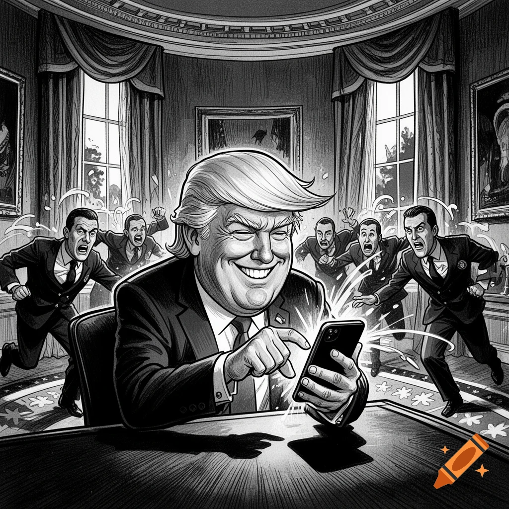 Black and white caricature of Donald Trump smiling while tweeting in the Oval Office, as panicked security rush towards him.