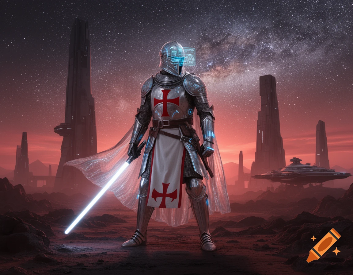 A futuristic knight Templar in metallic armor with a red cross stands on a rocky alien planet, holding a glowing lightsaber, with tall spires, a spaceship, and a starry sky in the background.