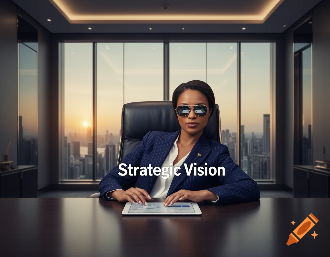A professional woman in a suit and sunglasses sits at a desk in a modern office with a city view at sunset, with "Strategic Vision" overlaid.