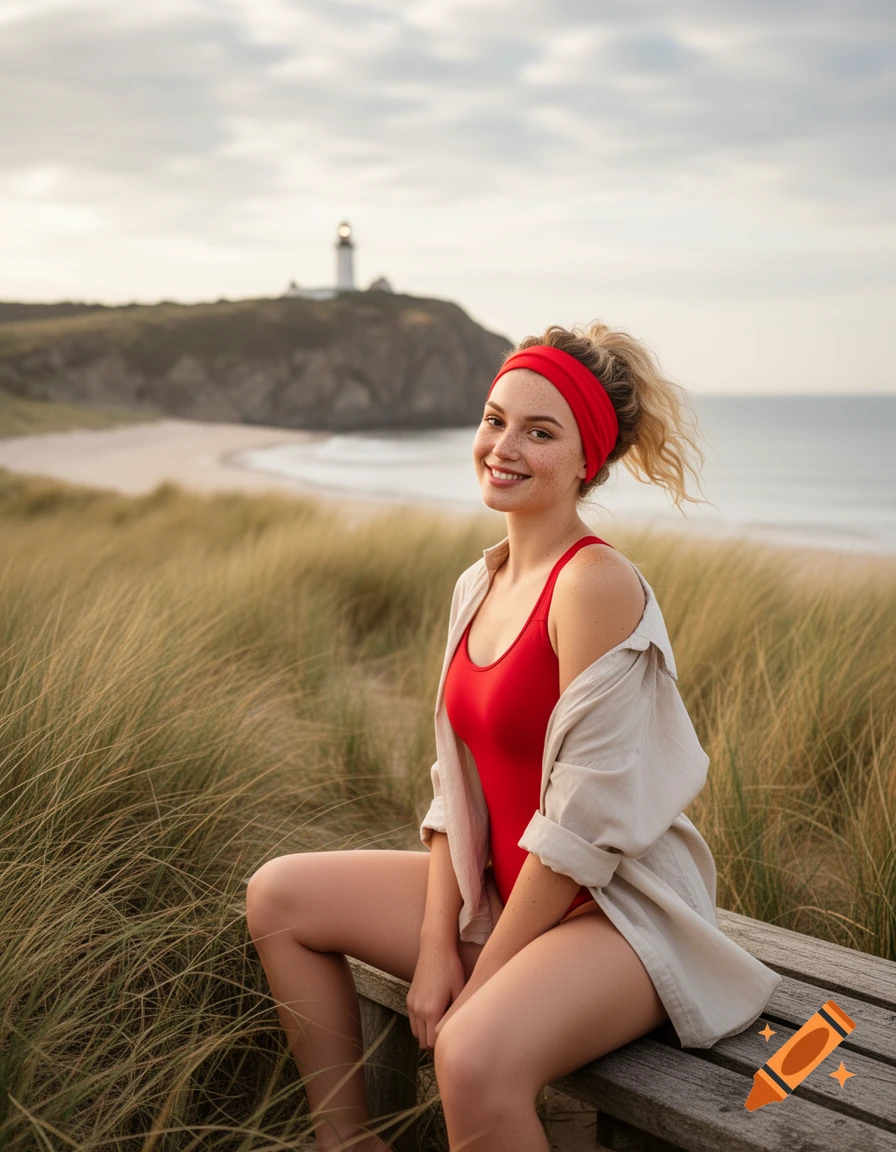 Photorealistic portrait of a smiling young woman in a red swimsuit and open shirt sitting on a beach dune, with a lighthouse in the background.