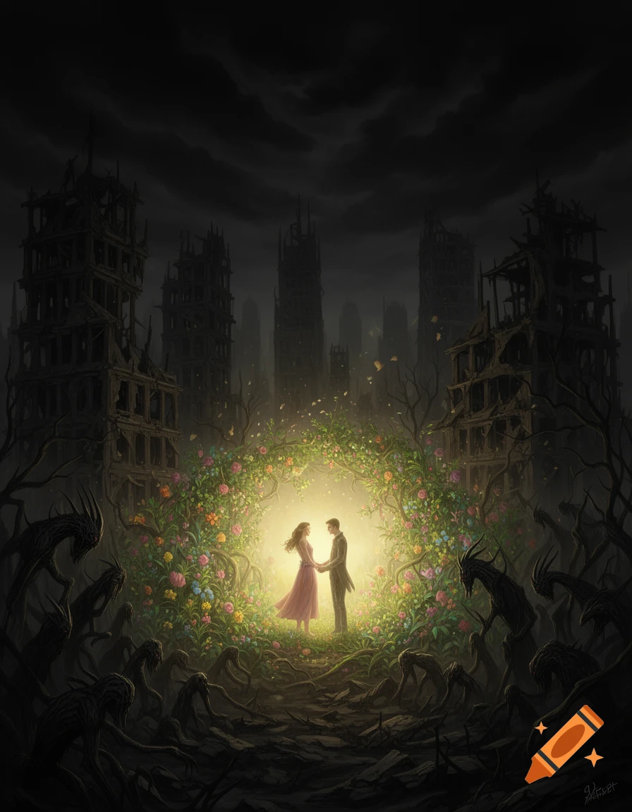 A couple holds hands in a glowing floral archway, surrounded by dark, ruined buildings and shadowy monsters in a fantasy art style.