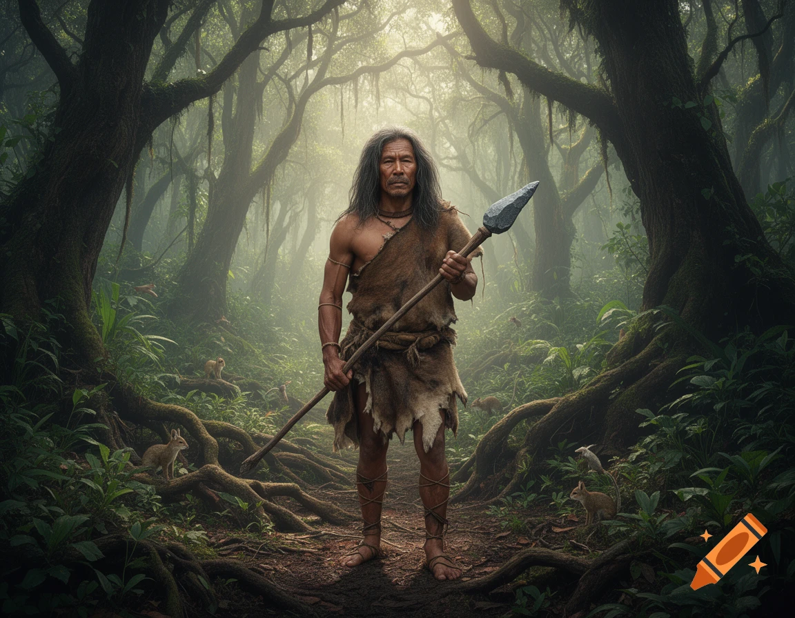An Eastern hunter-gatherer holding a stone spear stands in a misty, dense jungle.