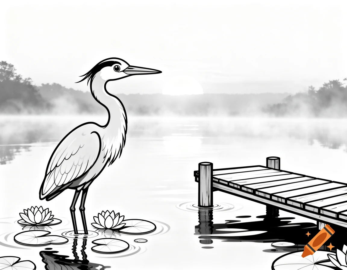 A black and white line art illustration of a great blue heron standing among lily pads in a misty lake next to a wooden dock at dawn.