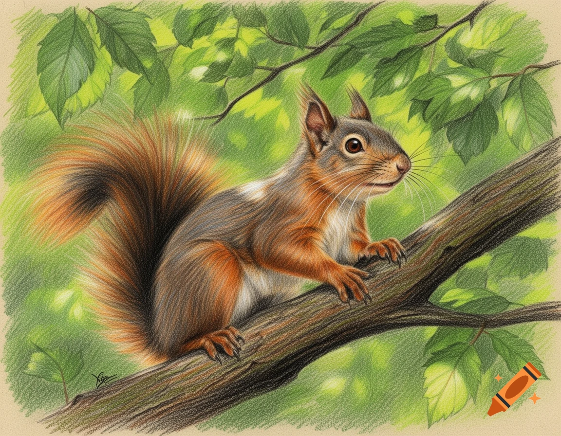 A detailed colored pencil drawing of a red squirrel with a bushy tail perched on a tree branch among green leaves.