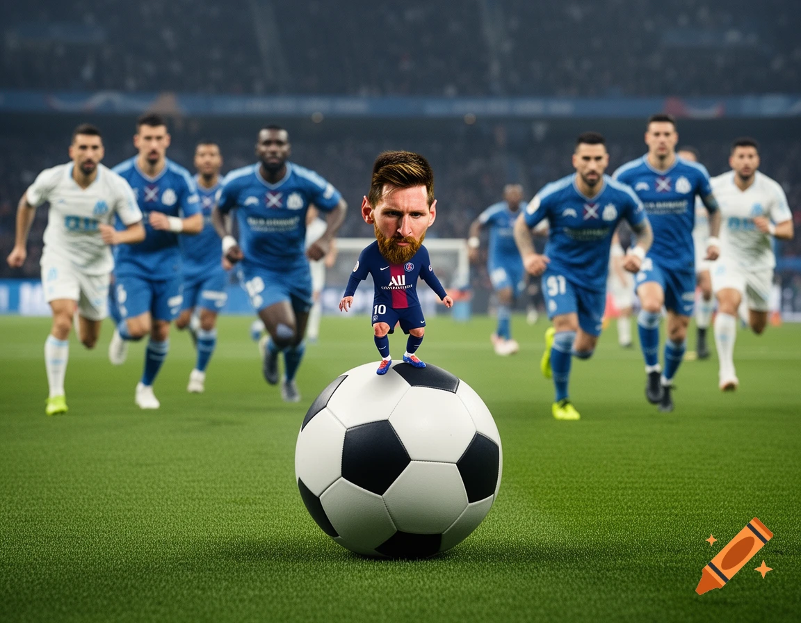 A tiny, caricatured Lionel Messi stands on a soccer ball on a field, as blurred, normal-sized players in blue and white jerseys run in the background.