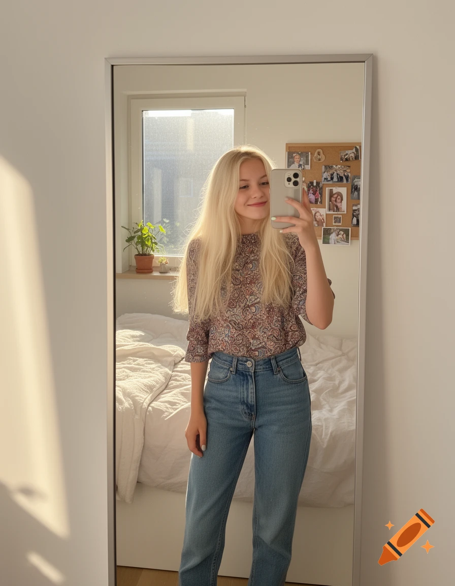 A blonde woman in a paisley top and jeans smiles while taking a mirror selfie in a sunny room.