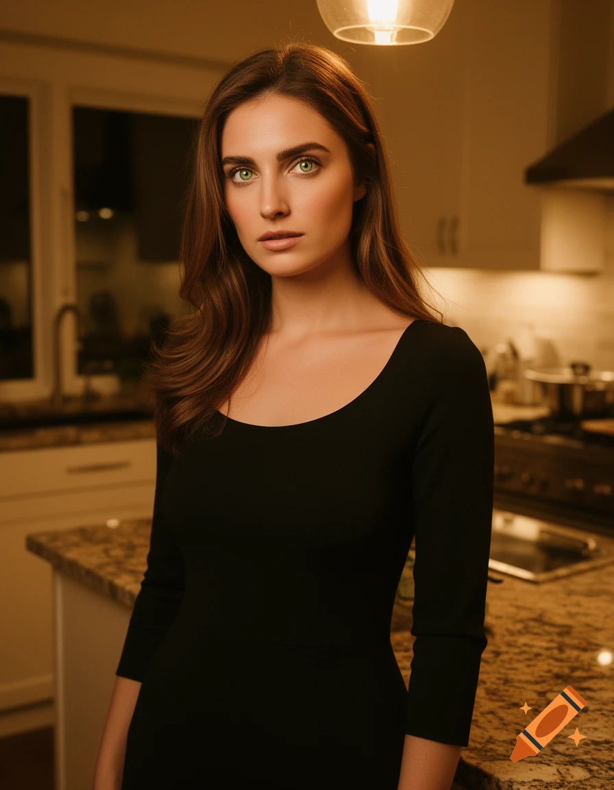 Photorealistic portrait of a woman with green eyes and brown hair in a black dress, looking at the camera in a warm-lit kitchen.