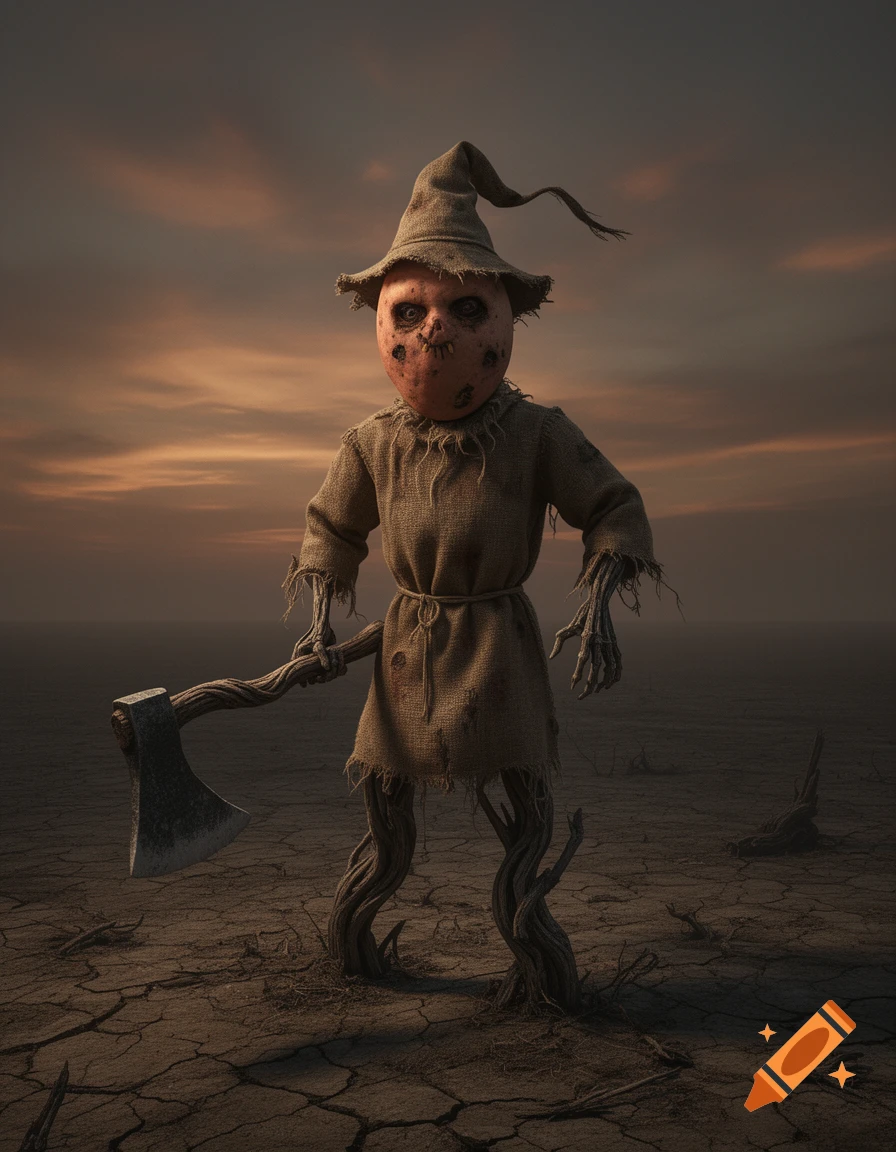 A creepy scarecrow with a rotting sweet potato head, burlap clothes, and gnarled wooden limbs, holding an axe in a desolate, cracked landscape under a sunset sky.