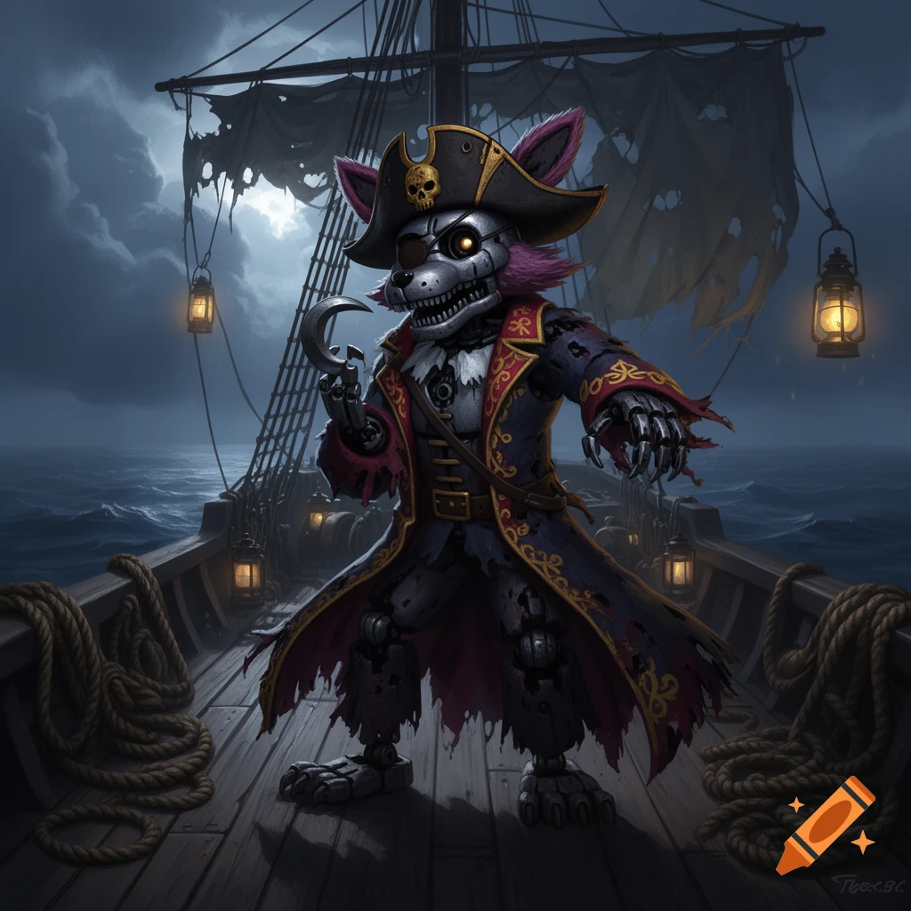A menacing Foxy the pirate animatronic from FNAF stands on a dark pirate ship under a cloudy night sky.