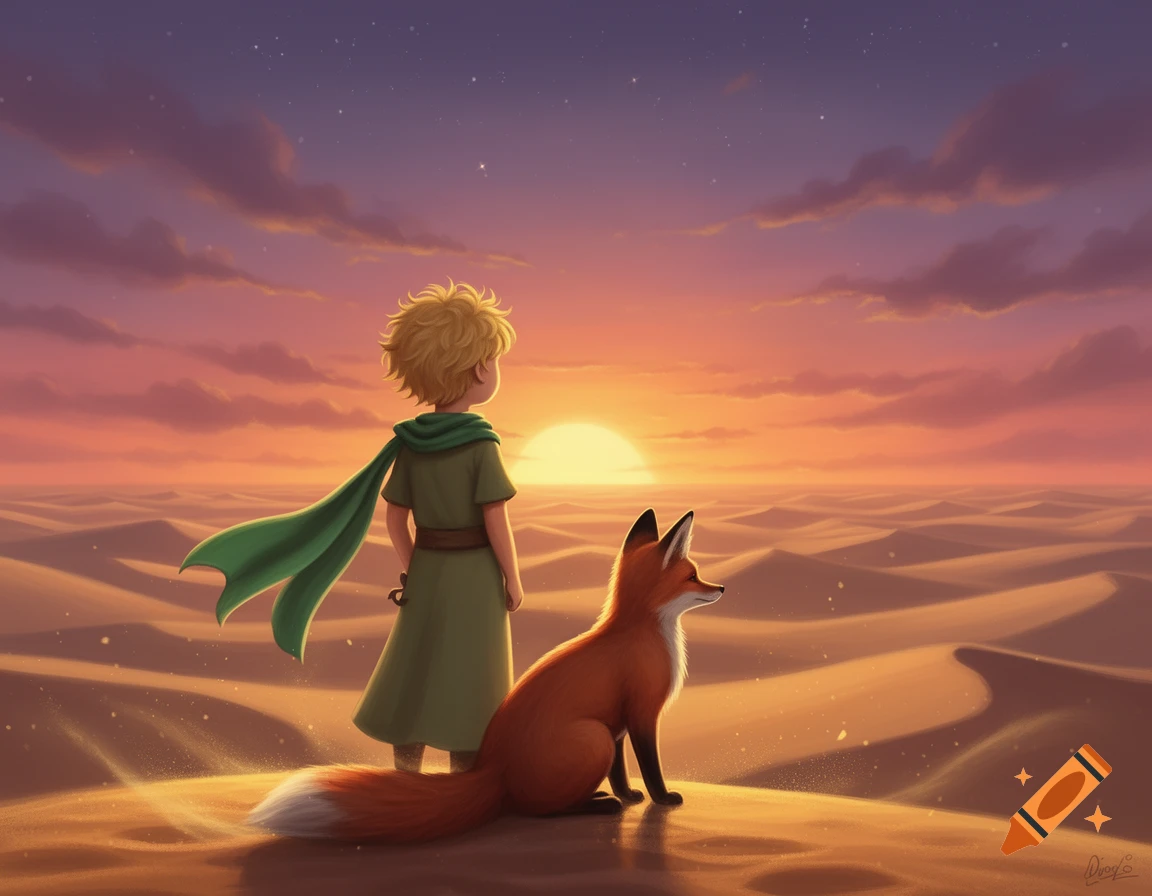 The Little Prince and his fox companion stand on a sand dune, watching a vibrant sunset over a desert landscape in an illustrated style.