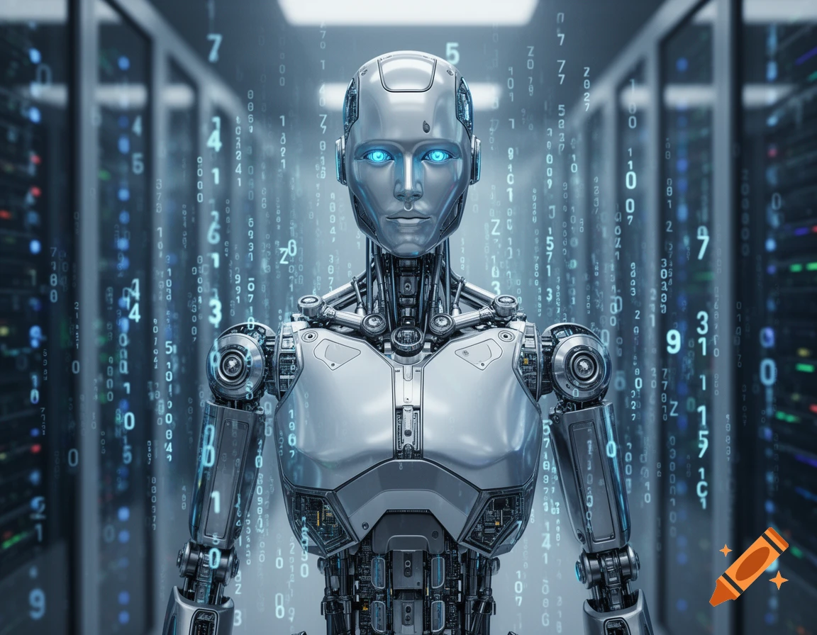 A silver humanoid robot with glowing blue eyes stands in a data center surrounded by falling blue digital numbers, looking futuristic and photorealistic.