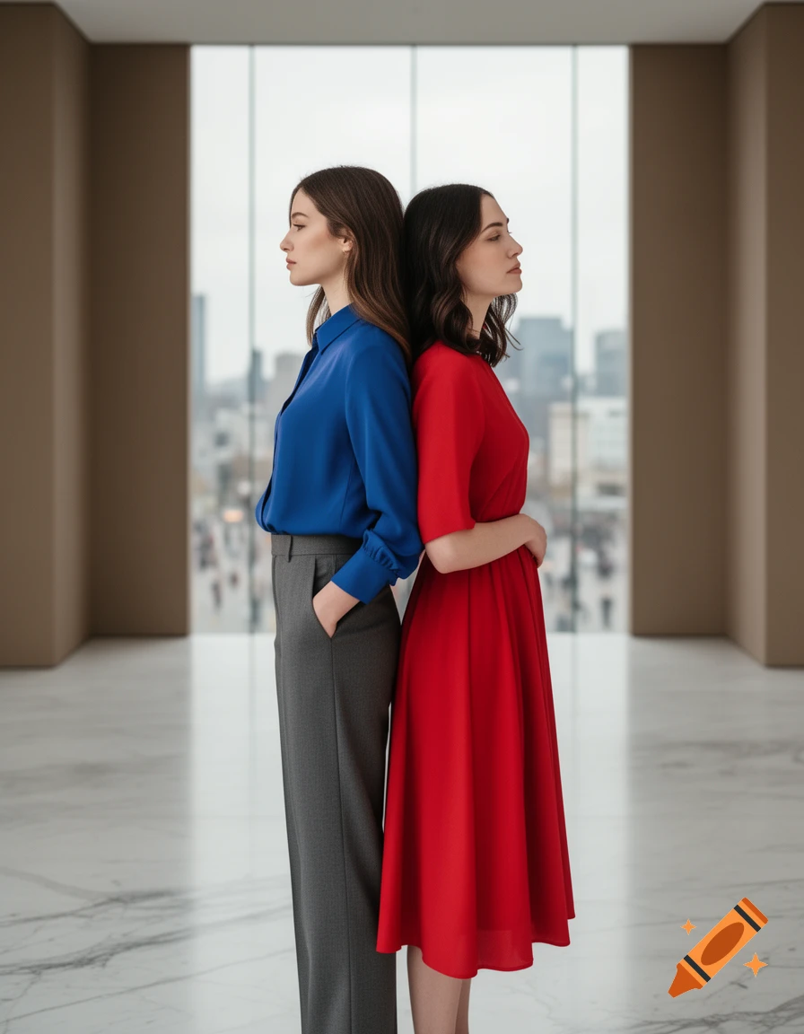 Two women, one in a blue shirt and grey pants, the other in a red dress, stand back-to-back in a modern building.
