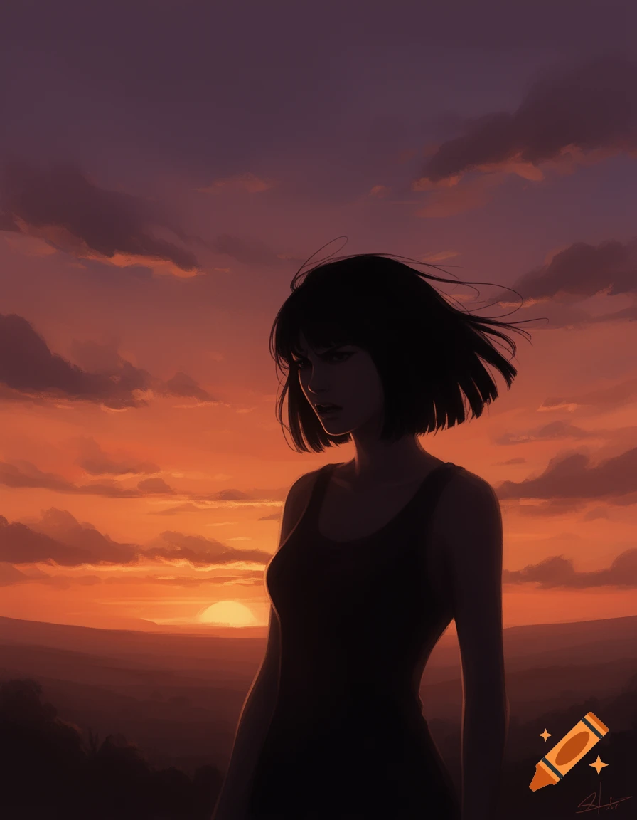 Silhouette of an angry young woman with a bob haircut, against a dramatic orange and purple sunset over a distant landscape.