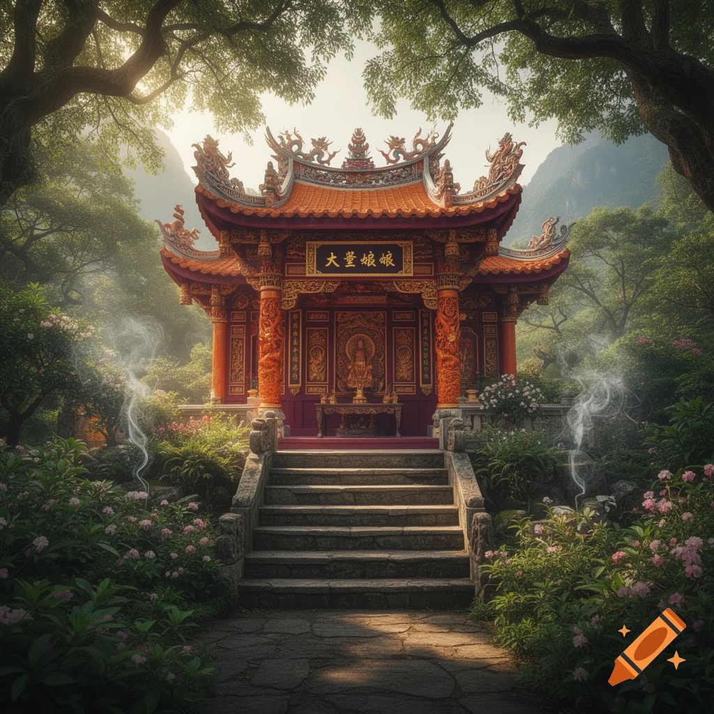 A traditional red and gold Asian temple with ornate roofs, nestled in a lush green forest with mountains in the background. Stone steps lead to the temple entrance, and wisps of smoke rise from the sides.