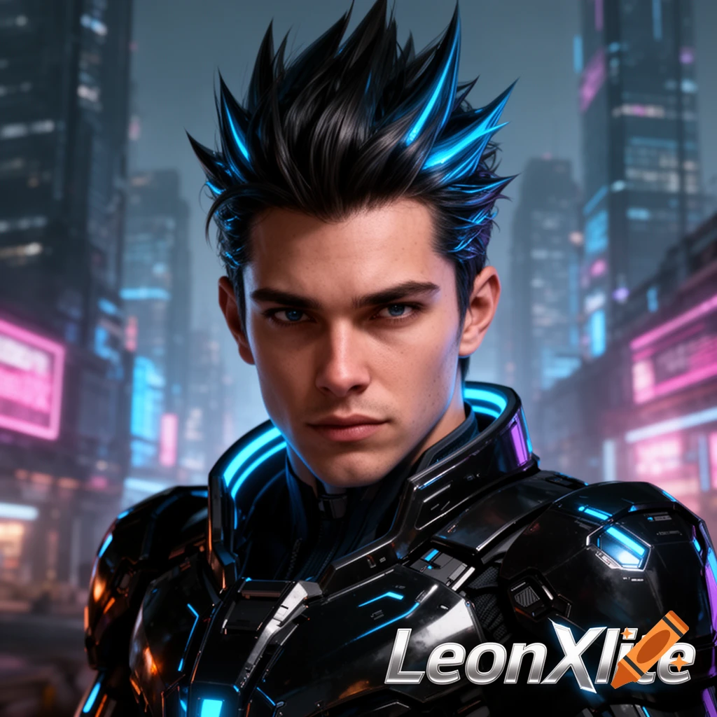 A man with spiky black hair and blue glowing accents, wearing futuristic black armor, stands in a cyberpunk city with neon lights, with "LeonXlite" at the bottom.