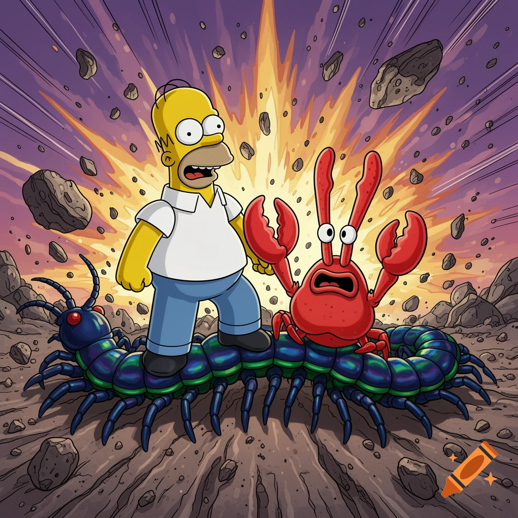 Homer Simpson and Mr. Krabs stand on a giant blue centipede, looking surprised as an explosion erupts behind them in comic art style.