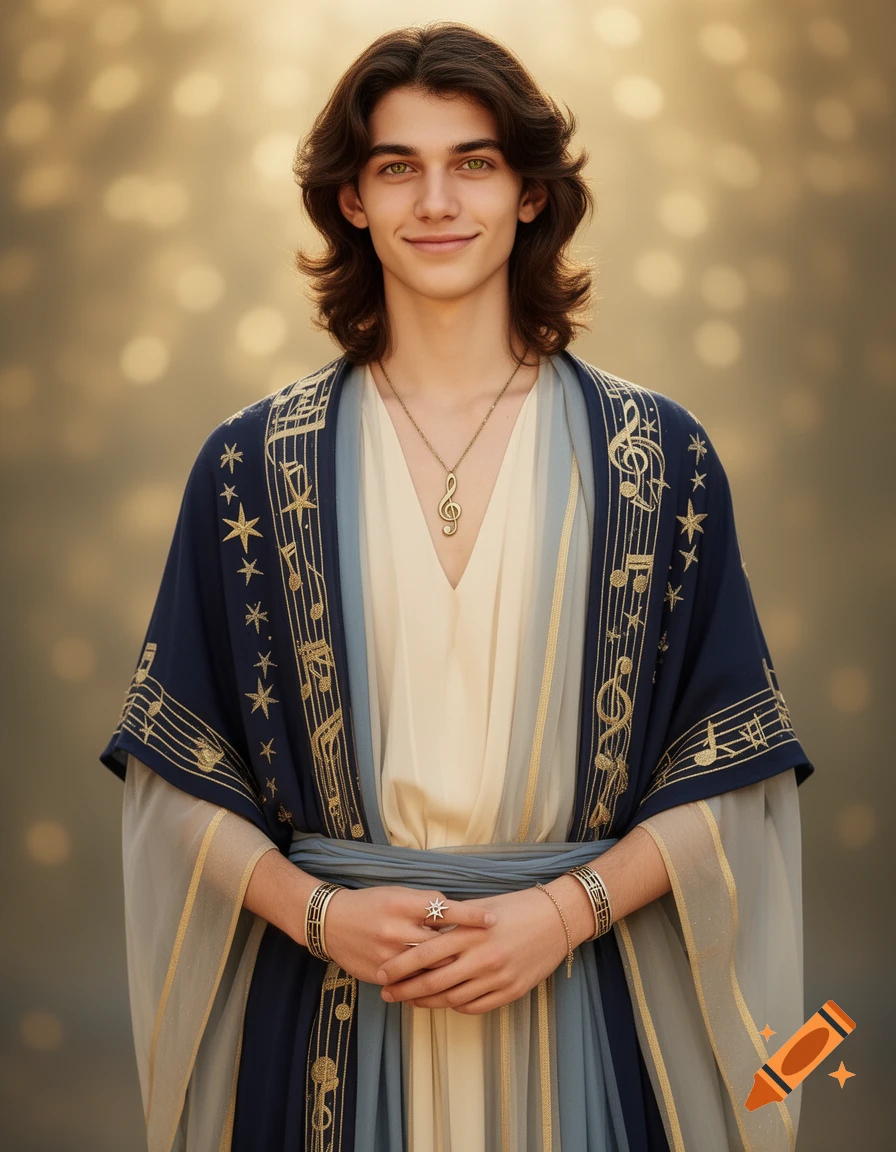 A smiling young man with dark hair and green eyes, wearing a blue robe with gold musical notes, a treble clef necklace, and a star ring, against a golden bokeh background.