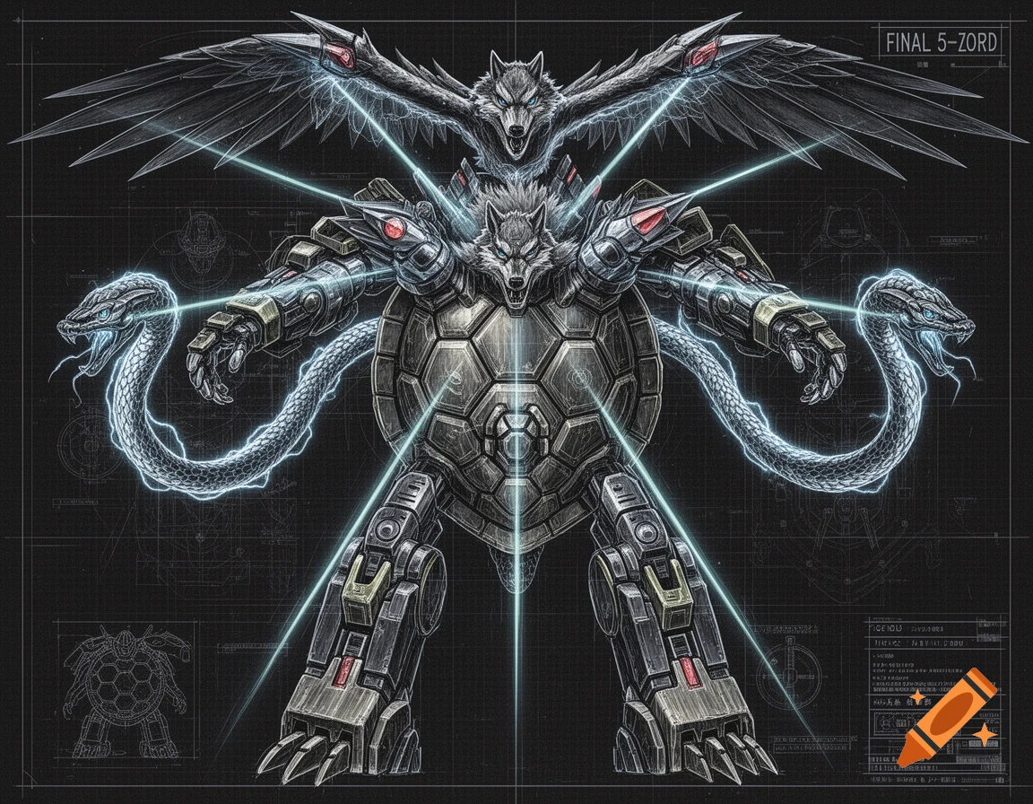 Detailed blueprint illustration of a complex mechanical creature composed of a turtle shell, wolf heads, snakes, and wings, with glowing lines.