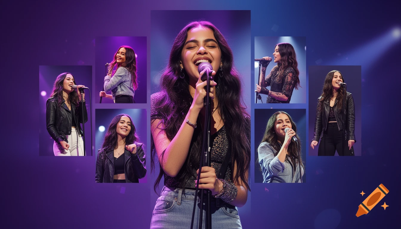 A collage of a young woman with long dark hair singing into microphones, wearing different outfits on a purple-blue stage.