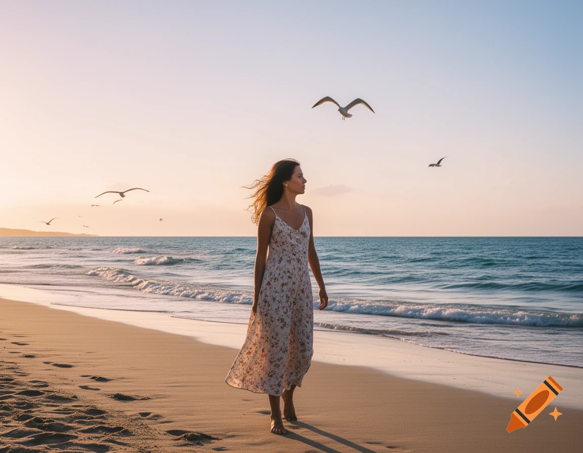 A woman in a floral dress walks barefoot on a sandy beach at sunset, with seagulls flying over the calm ocean.