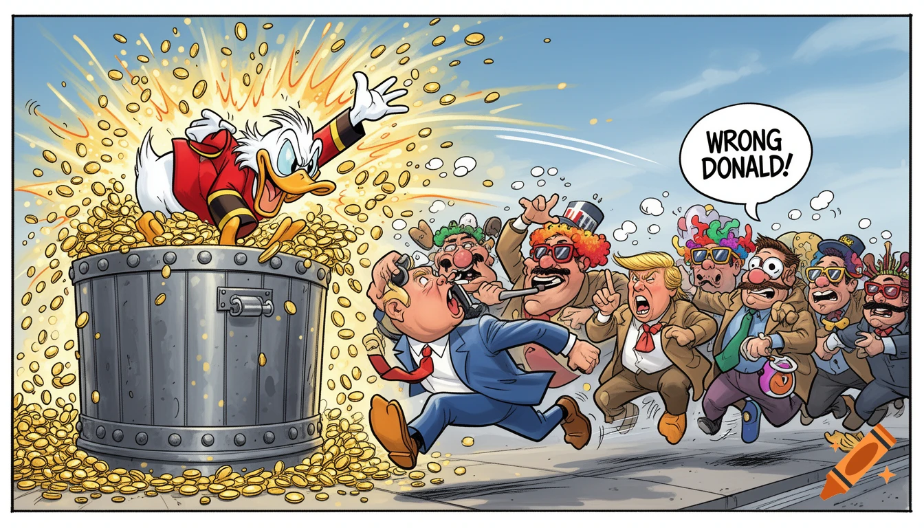 Satirical cartoon: Scrooge McDuck bursts from a money bin, chasing Donald Trump and a disguised crowd, while Donald Duck shouts 'Wrong Donald!'