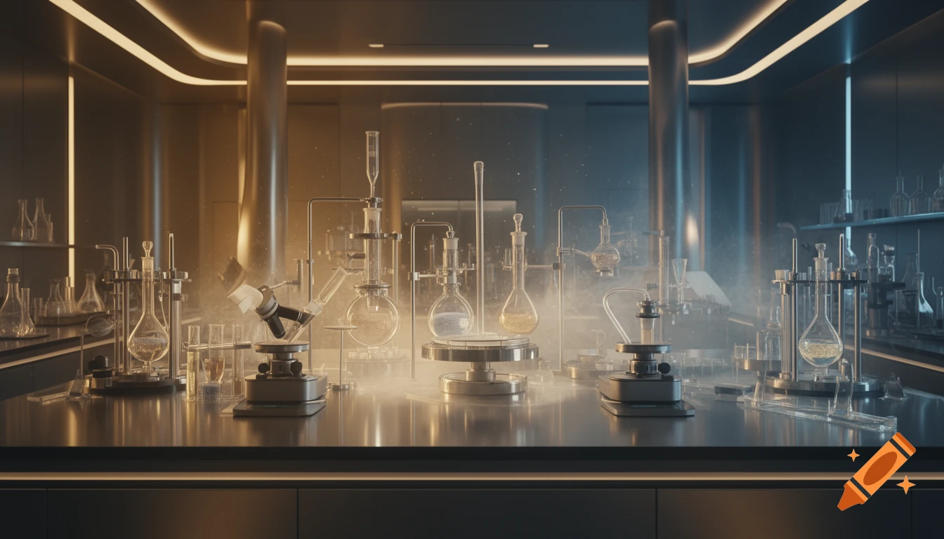 A modern, luxurious research laboratory with sleek design and automated scientific equipment, bathed in warm gold and cool blue cinematic lighting.