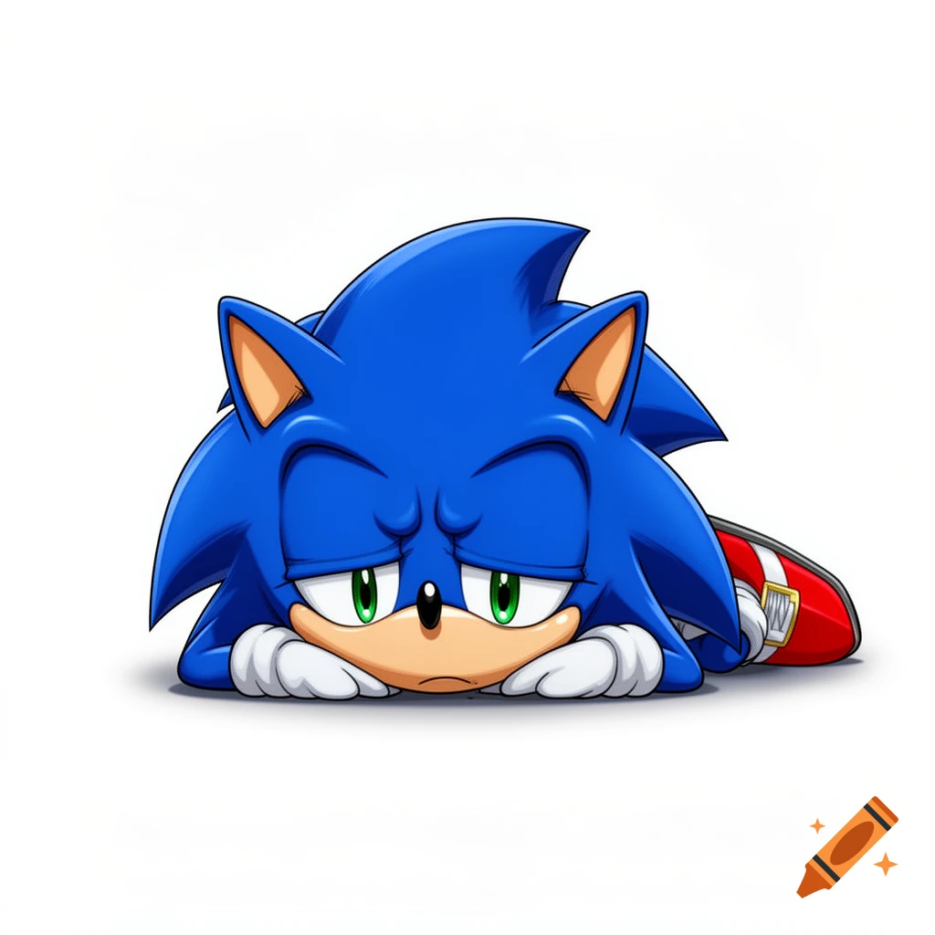 Sonic the Hedgehog lies on his stomach, looking sad, against a plain white background in a cartoon anime style.