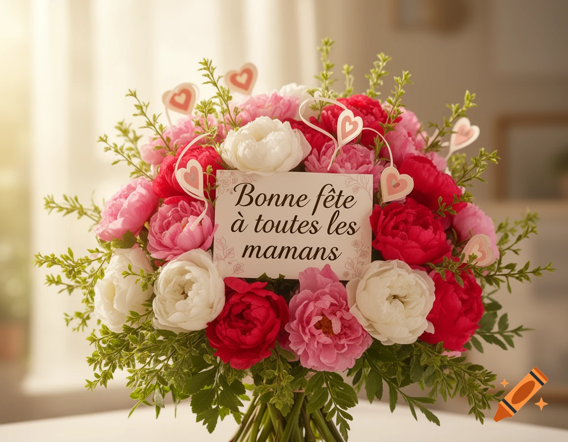 A bright bouquet of pink, white, and red flowers with green foliage and heart decorations. A card reads "Bonne f rte a toutes les mamans".
