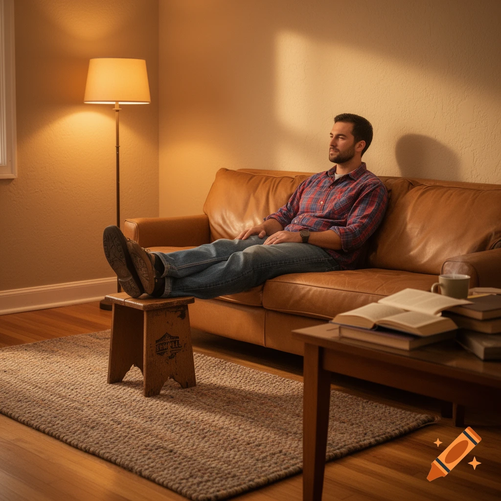 A man relaxes on a brown leather couch with his feet on a wooden stool in a cozy, warmly lit living room with books on a coffee table.