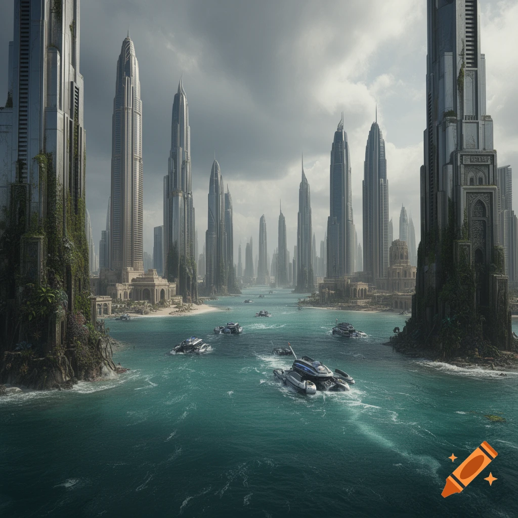 A futuristic city with tall, sleek skyscrapers partially submerged in turquoise water, with small boats navigating. Vegetation grows on the buildings under a cloudy sky.