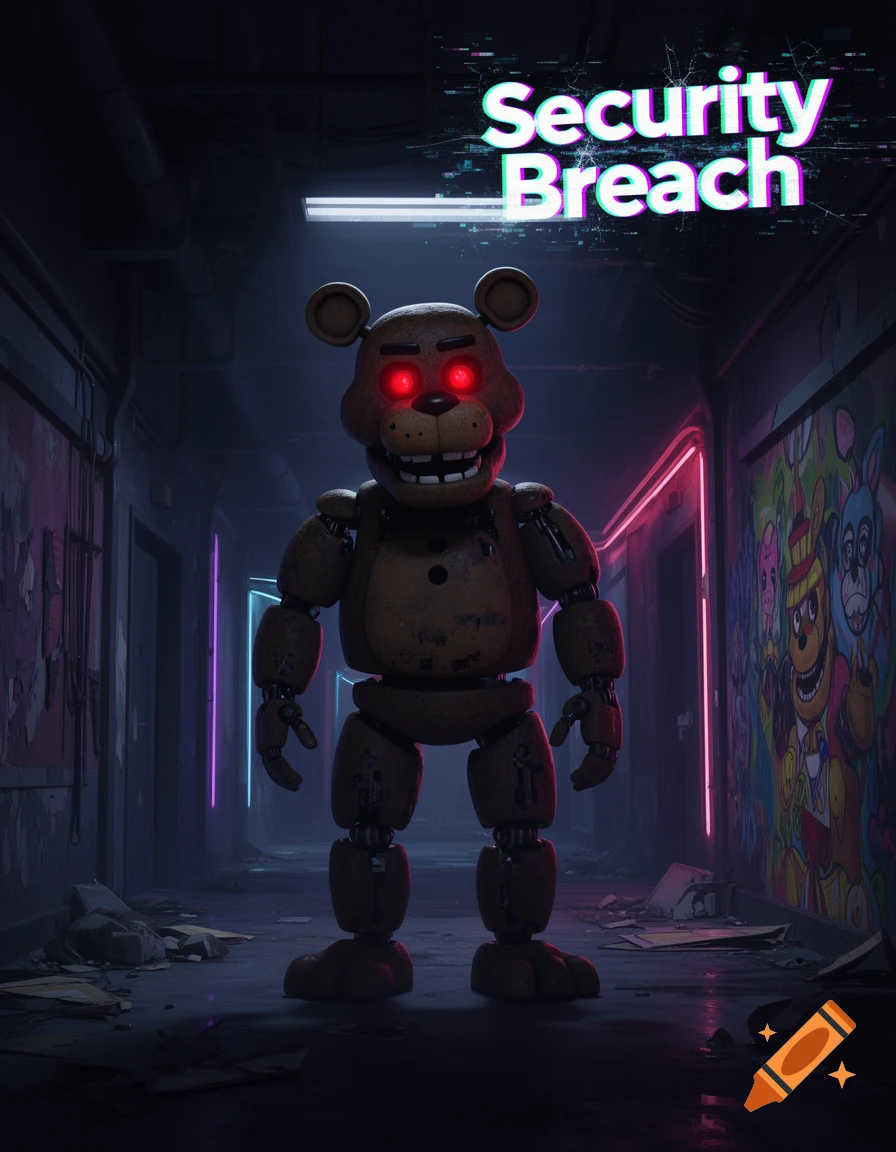 Freddy Fazbear with glowing red eyes stands in a dark, neon-lit hallway with "Security Breach" text above, in a movie poster style.