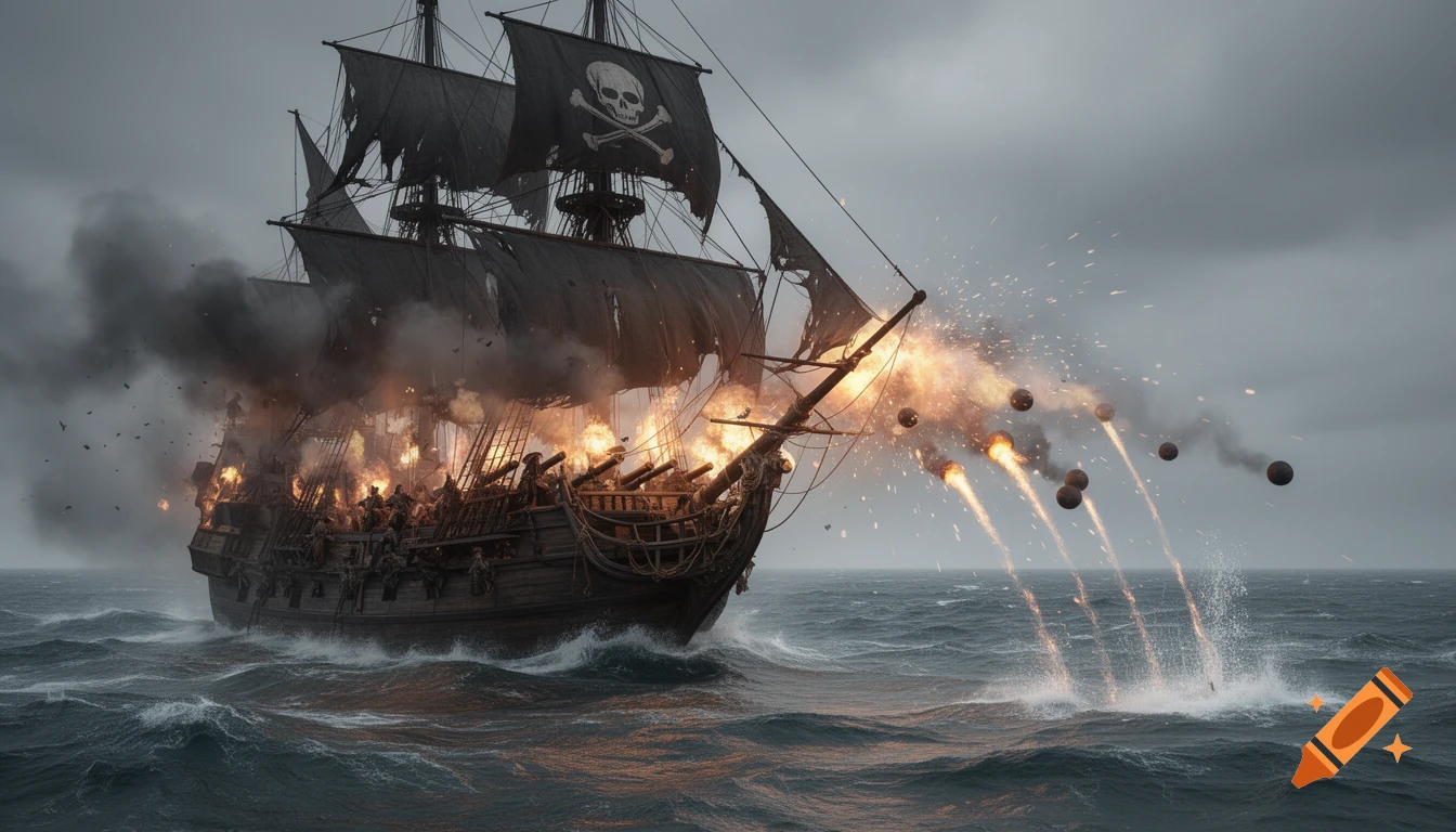 A pirate ship with black sails explodes and fires cannons across a stormy sea under a grey sky, featuring a skull and crossbones flag.
