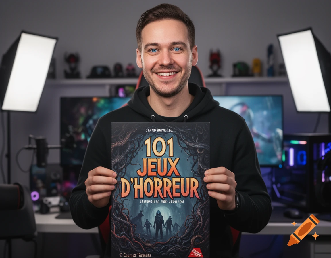A smiling man in a black hoodie holds a '101 Jeux d'horreur' poster in a gaming setup with studio lights.