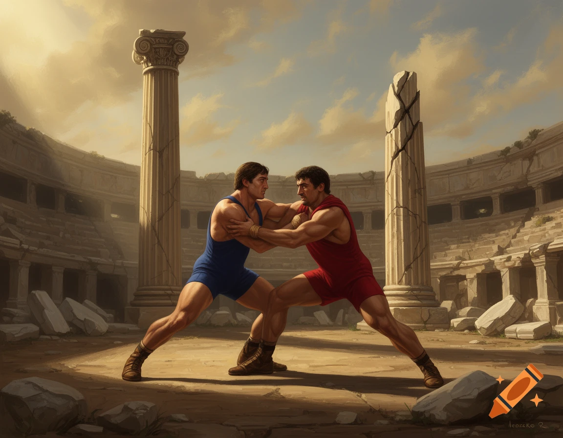 Two Greco-Roman wrestlers in blue and red attire grapple in an ancient stadium with a broken column.