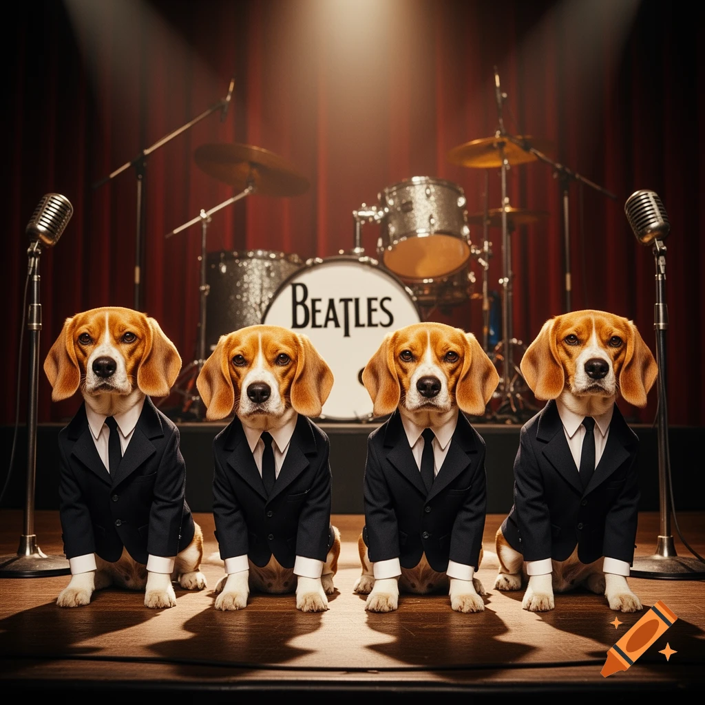 Four beagle dogs in black suits sit on a stage with a "BEATLES" drum set in the background, under spotlights.