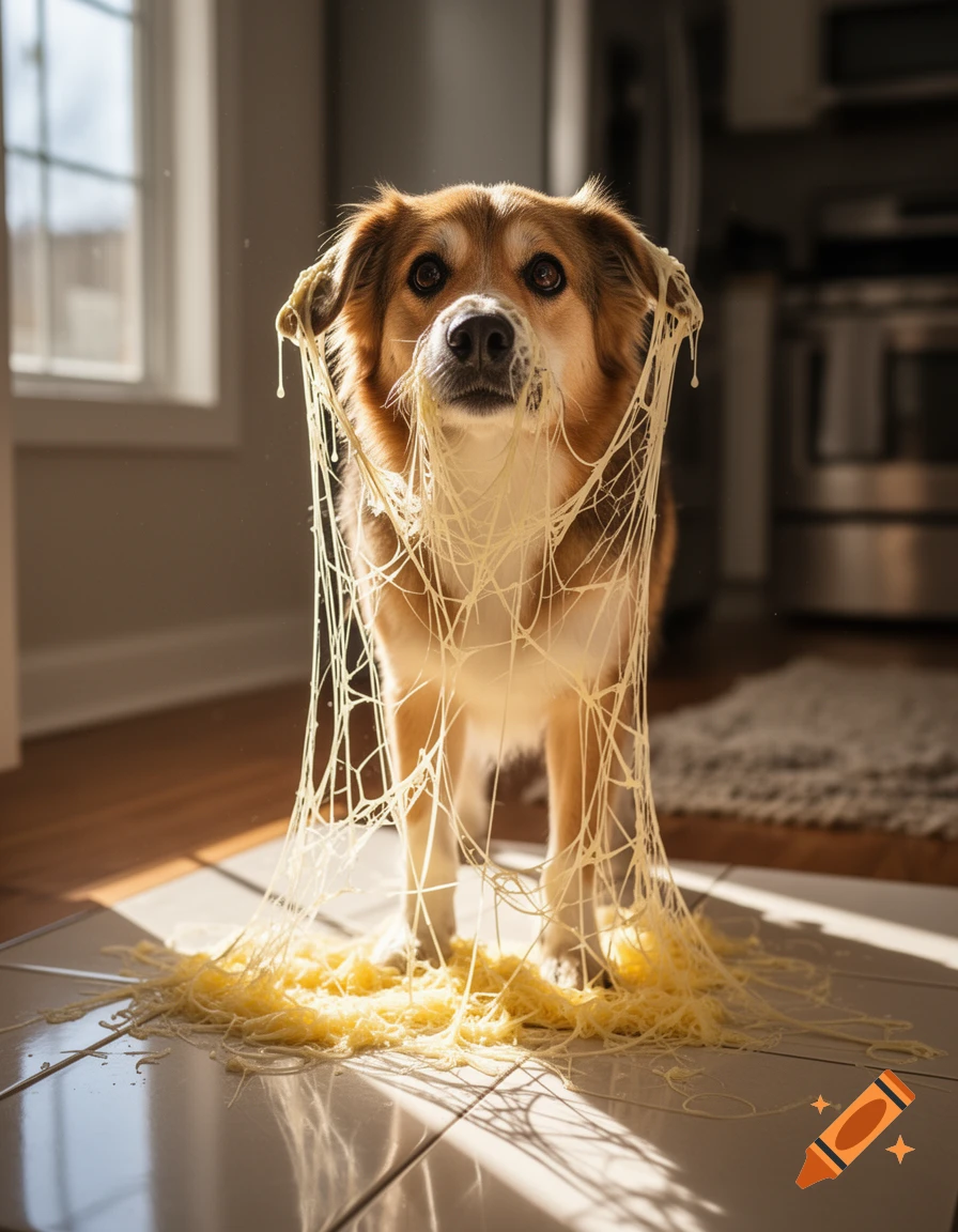 A photorealistic image of a brown and white dog covered in stringy, melted cheese resembling a spiderweb, looking up in a sunlit kitchen.