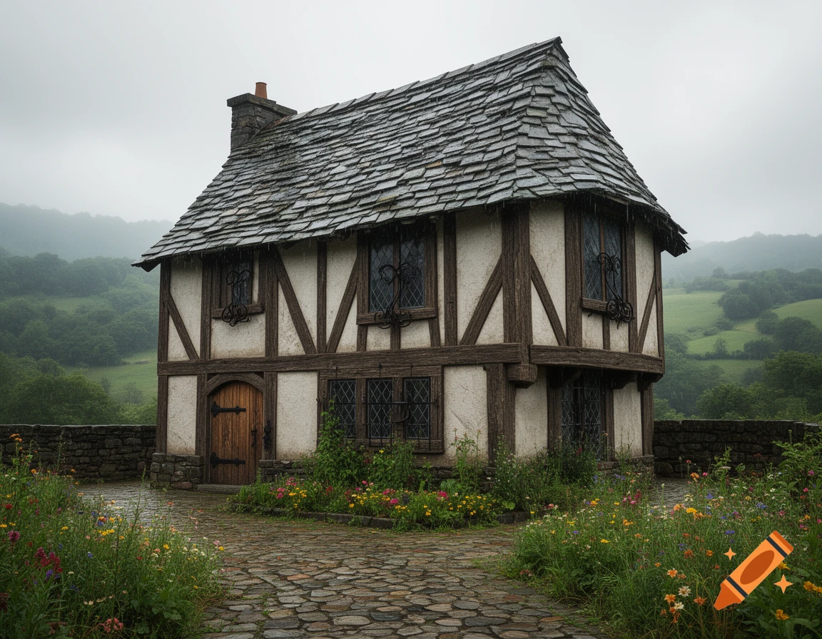 A half-timbered medieval house with a steep slate roof sits on a cobblestone path surrounded by wildflowers under a cloudy, rainy sky.