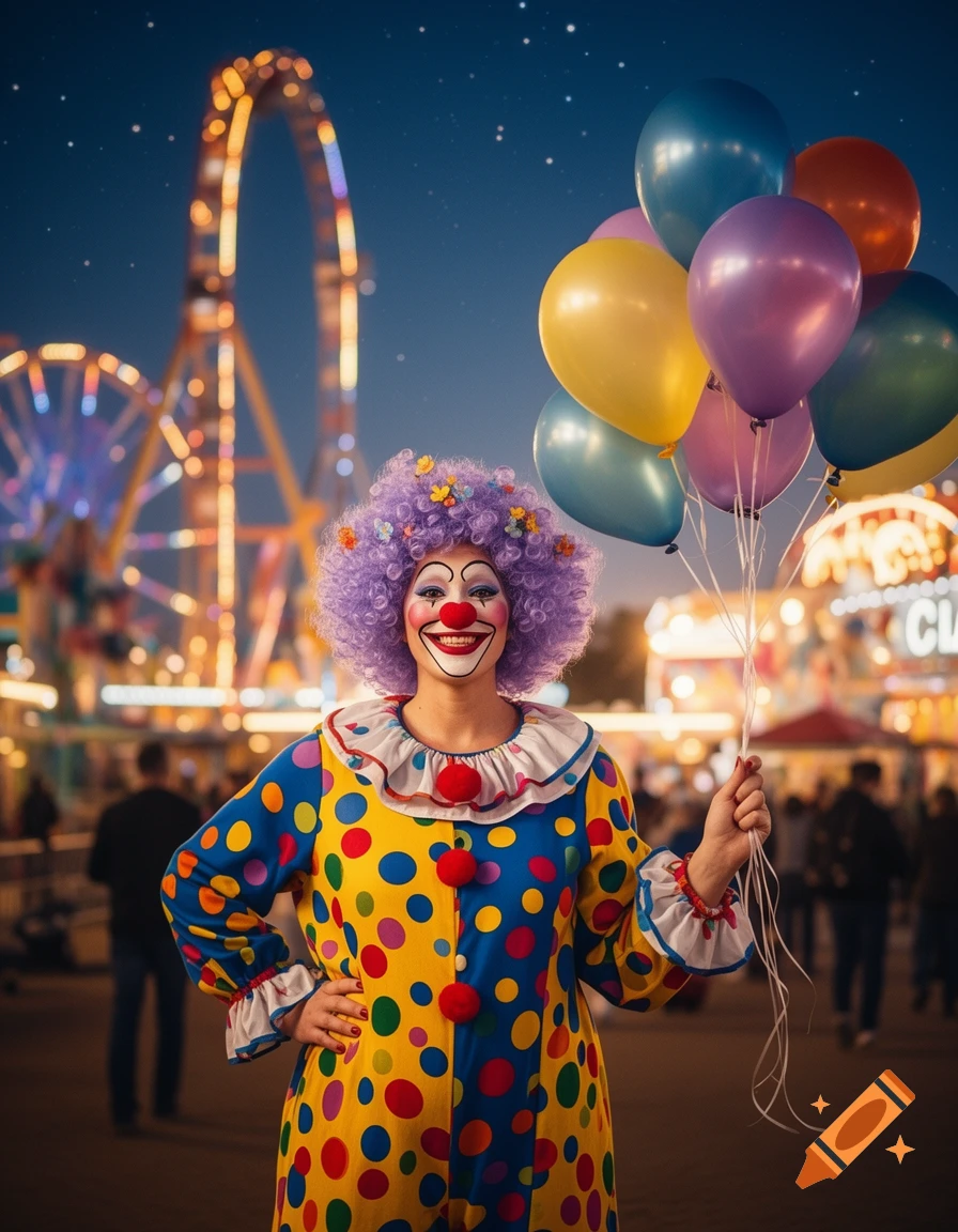 A smiling female clown in a colorful polka-dot costume with a purple wig holds balloons at a vibrant night carnival.