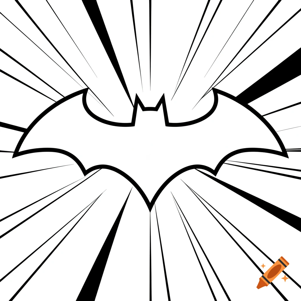 A black and white minimalist adult coloring page showing an iconic bat superhero symbol with radiating pop-art lines.