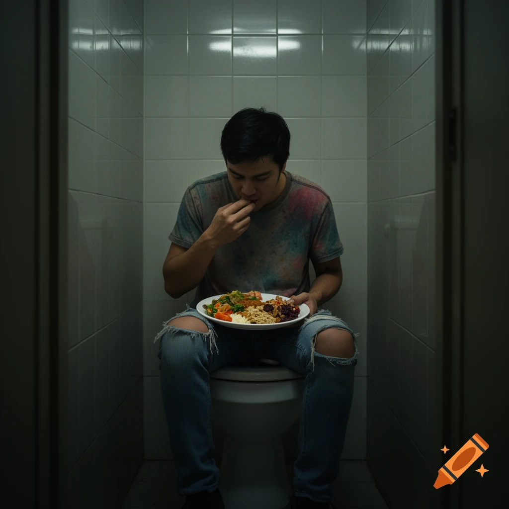 A person in a tie-dye shirt and ripped jeans eats from a plate while sitting on a toilet in a dimly lit tiled bathroom.