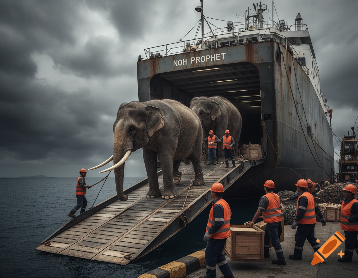 Two large elephants walk down a ramp from a rusty cargo ship onto a pier, guided by workers in orange vests under a cloudy sky.