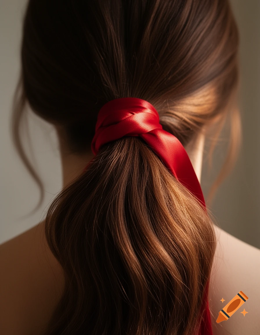 Back view of a person's long wavy brown ponytail tied with a red satin ribbon, with shoulders visible.