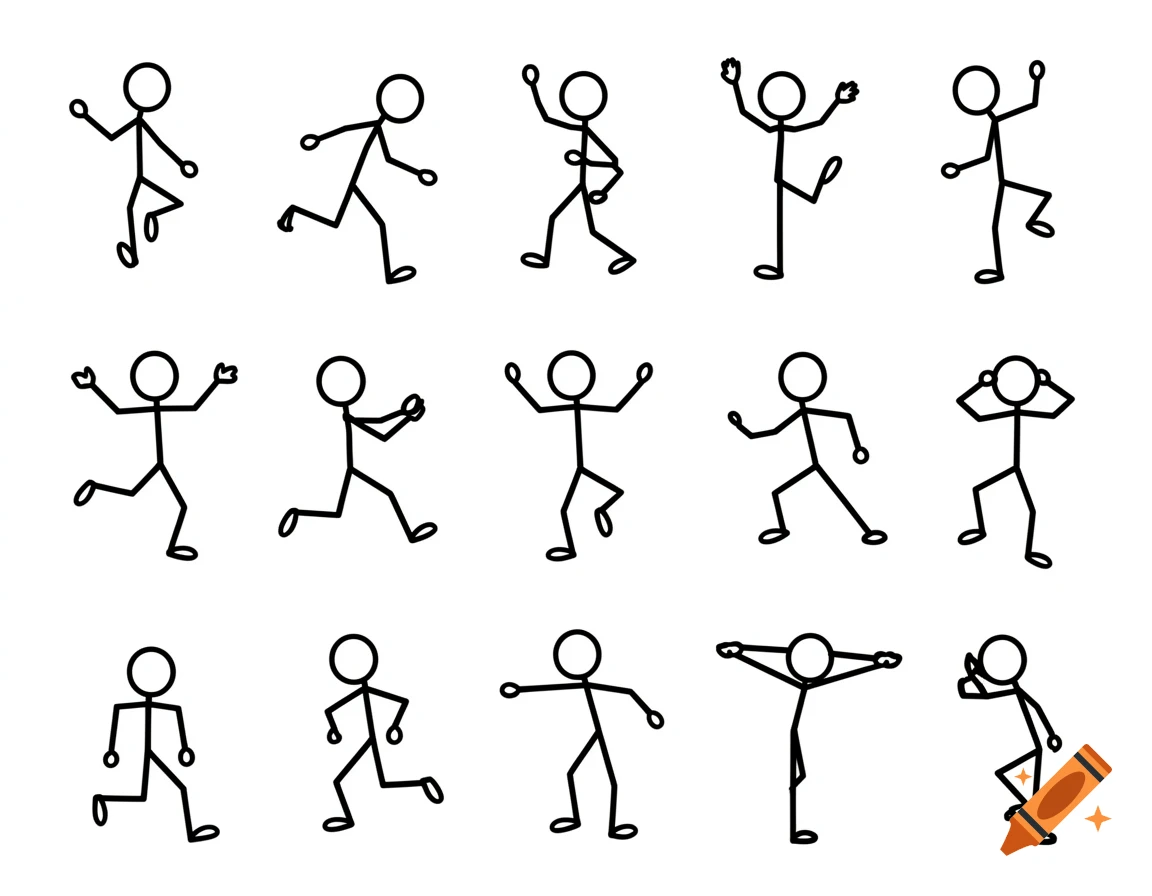 Fifteen black and white stick figures in various action poses, minimalist cartoon style on a white background.