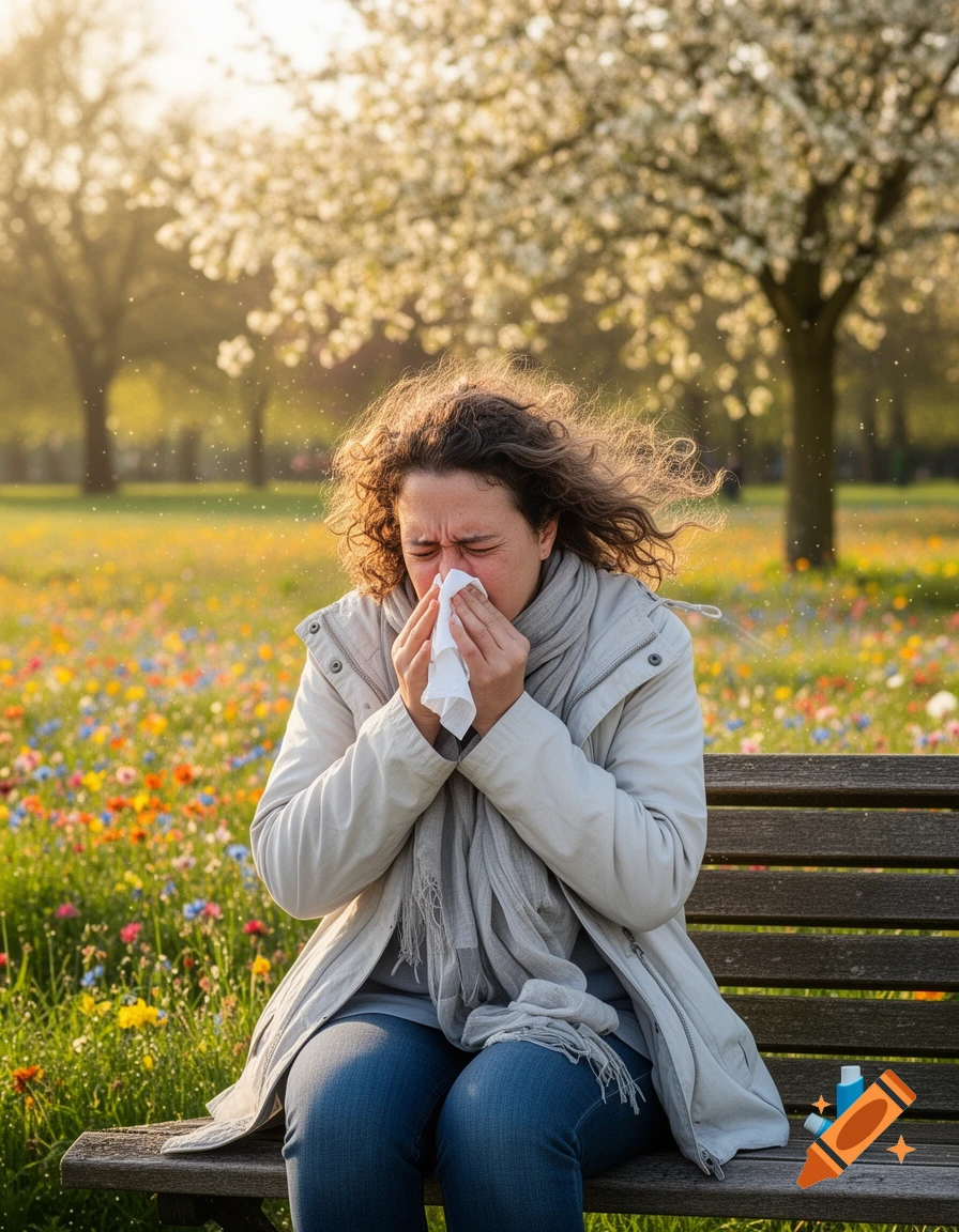 A woman with curly hair sits on a park bench, sneezing into a tissue, with a blue inhaler beside her amidst blooming wildflowers and pollen in the air.
