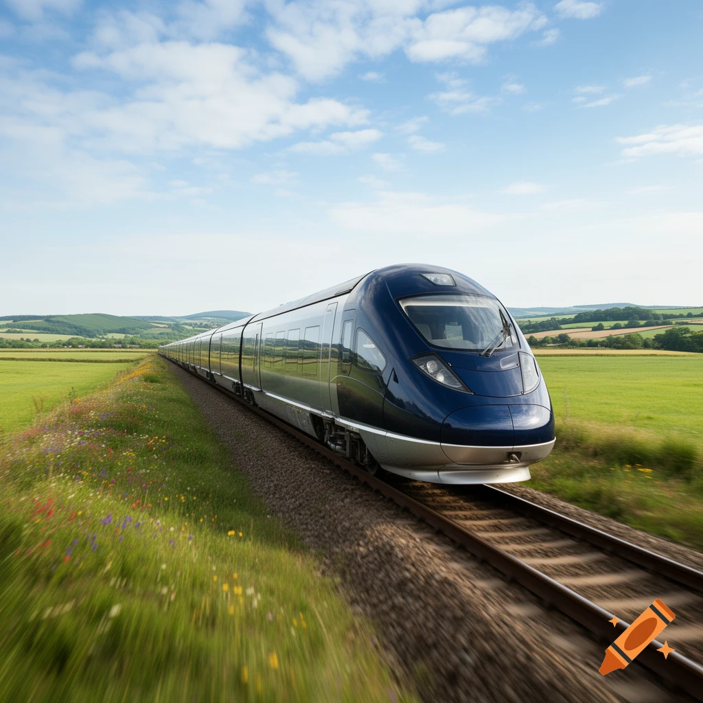 A sleek, blue high-speed train speeds through a lush green rural landscape under a blue sky, photorealistic style.