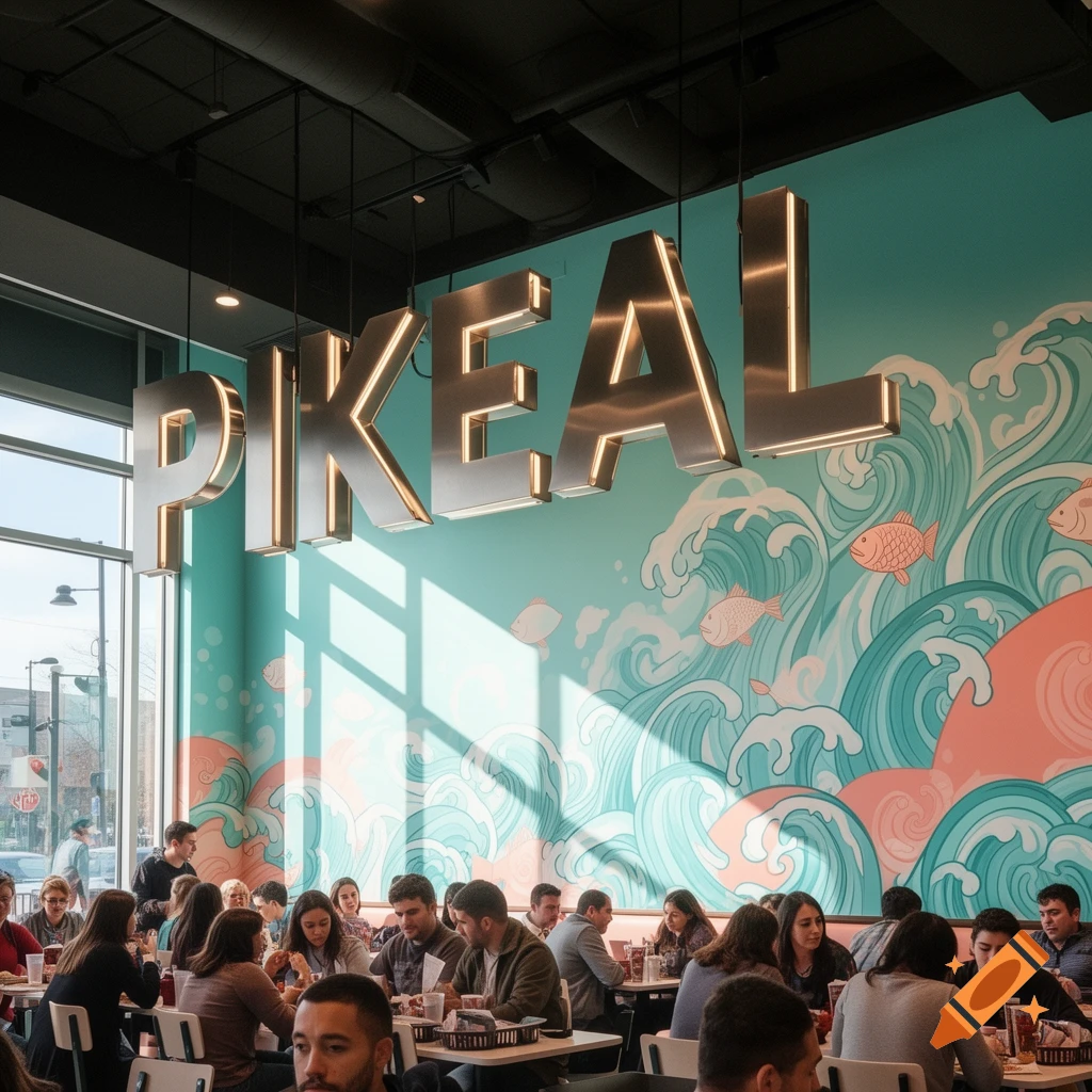 People dining in a modern restaurant with a large 'PIKEAL' sign hanging above a colorful wave and fish mural on the wall.